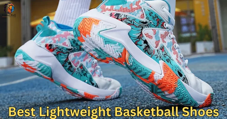 Close-up of a colourful lightweight basketball shoe on an outdoor court