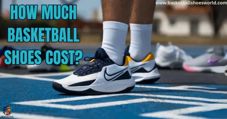 Basketball shoes worn on an outdoor court, with other pairs visible in the background