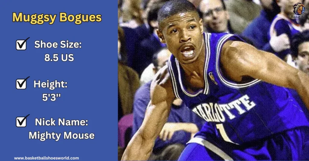 Muggsy Bogues image beside with written his shoes size, height and nick name