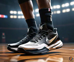 a person standing on basketball court wearing basketball shoes