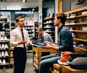 In shoes shop a person  explaning somthing to the person next to him with basketball shoes in his hand
