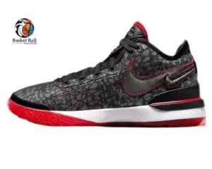 Nike LeBron 20 basketball shoe, black and red colourway, product photo on a plain background