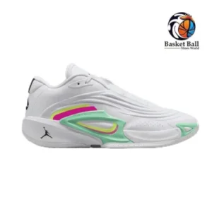 Jordan Luka 3 basketball shoe, white, green and pink colourway, product photo on a plain background