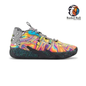 Puma MB.03 basketball shoe, multicolour pattern, product photo on a plain background