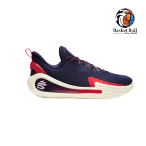 Under Armour Curry 12 basketball shoe, navy and red colourway, product photo on a plain background