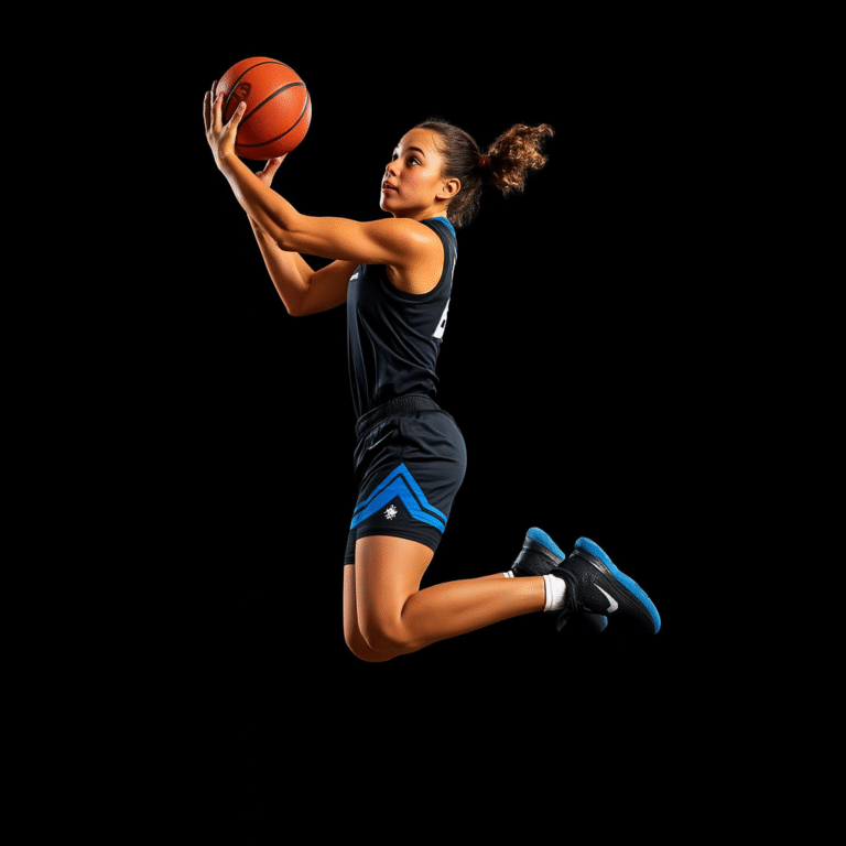 Basketball player in mid-air during a jump shot, wearing basketball shoes